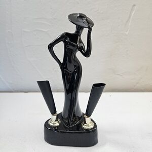 Vintage 1950s pen holder, Art Deco inspired pen holder black glazed Ceramic